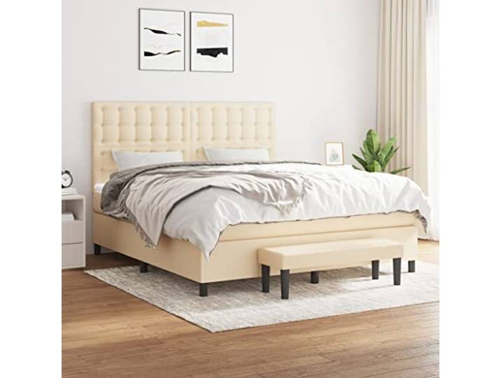 RJPLMFV Bettgestell, Stoff, cremefarben, 160 x 200 cm Verstellbarer Kopf, Taschenfederkernmatratze, mittlere Härte, Bettbank