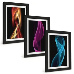 BILDER SET 3er Set - 20x30 cm Schwarzer Rahmen - Neonwellenlinien auf dunklem Hintergrund