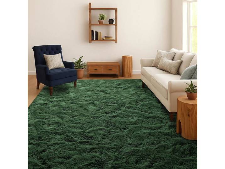 Tapis shaggy poil long en polyester vert forêt 180 x 270 cm - antidérapant lavable en machine