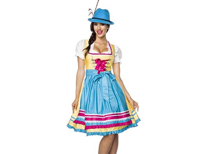 Dirndline Dames speciale dirndl-jurk voor speciale gelegenheden, geel/blauw/roze., XL