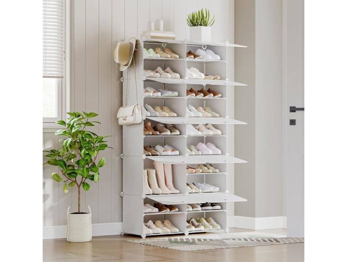 HOOBRO Étagère à Chaussures avec 10 Compartiments Boîte à Chaussures Armoire à Chaussures Étagère Modulable en Plastique Blanc