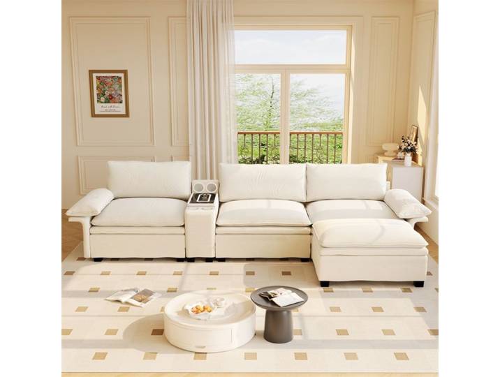 DRIPEX Canapé d'angle modulable de 315cm Canapé en chenille en L avec chargeur sans fil haut-parleur lampe porte-gobelets pouf Beige