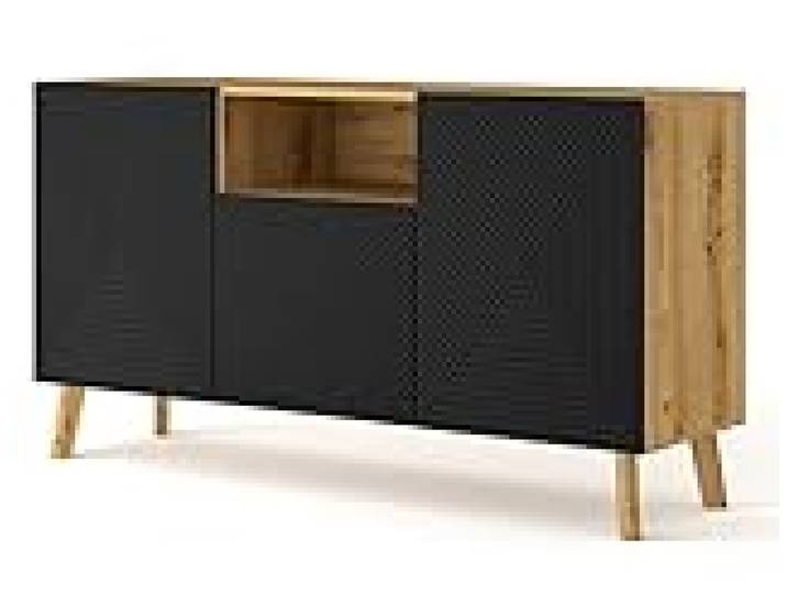 BB Loisir Commode Rangement Luxi-3D 146x42x80cm Noir Mat fraisé/Chêne Artisan Sideboard Buffet Design Moderne de Haute qualité