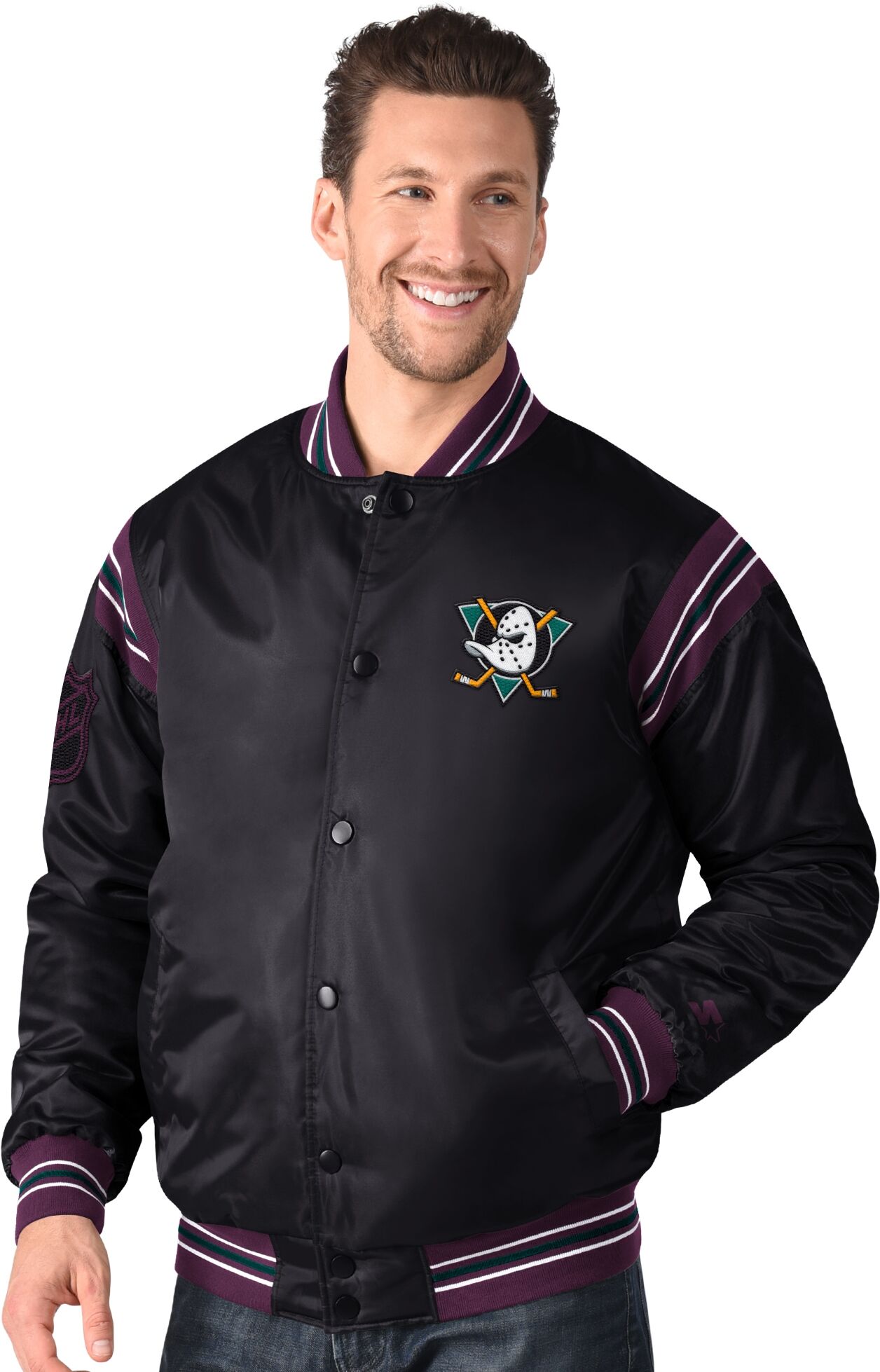 Bomberjacke STARTER "Starter Jacke Anaheim Ducks Starter Satin Varsity", Damen, Gr. XL, schwarz, Popeline;Jersey, 100% Polyester, Jacken Bomberjacke