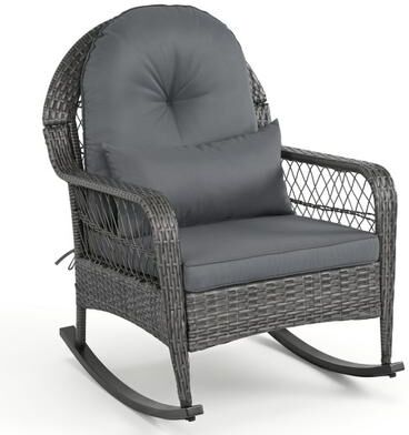 Costway 400 LBS Patio Rattan Rocker Chair with Anti-Tip Stoppers and Thick Cushions for Porch-Gray