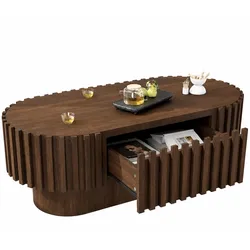 Merax Ovaler Couchtisch, vertikaler Lamellenoptik und Stauraum,  100 x 50 x 35.5 cm mit Schublade, Walnussholzfarbe