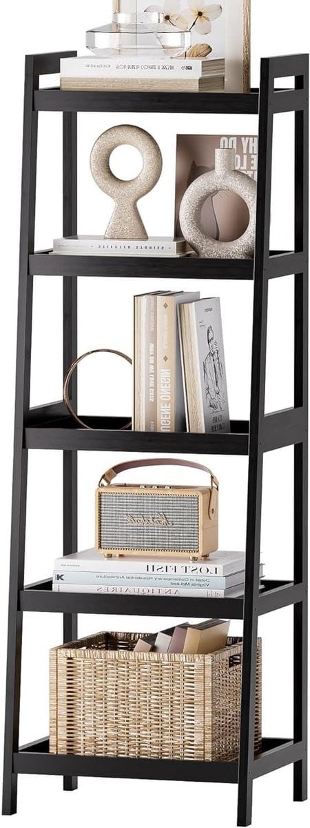 Zwarte Ladder Boekenkast met 5 Tiers en Trapezium Ontwerp