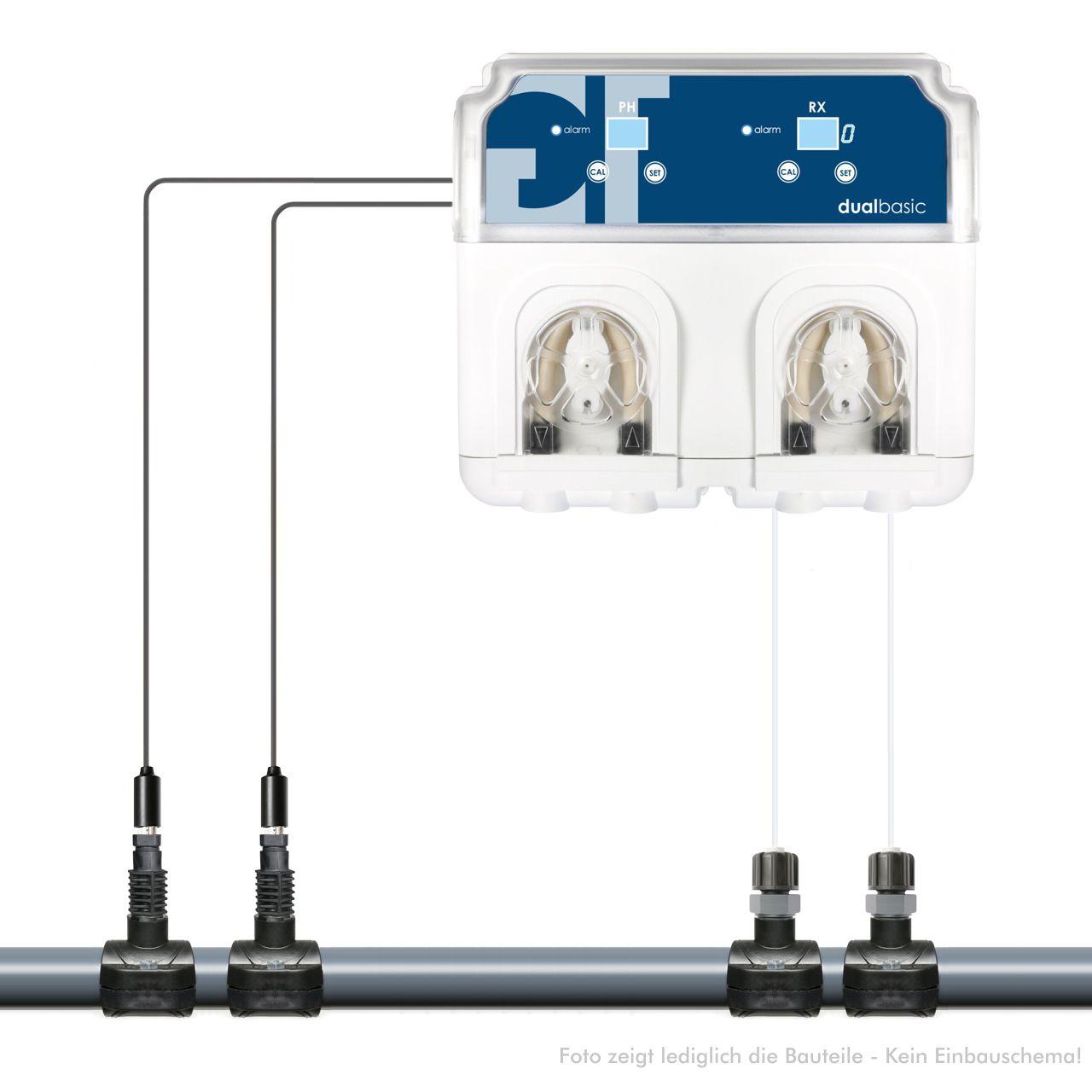 GT dualbasic PH + REDOX (Chlor) automatische Dosieranlage mit 63ér Anbohrschellen ohne Bypass ohne SDM inkl. Zubehör für Becken bis 100 m³ geeignet