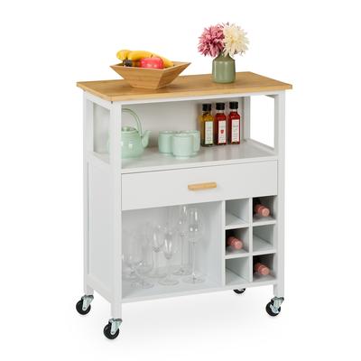 Relaxdays Küchenwagen, Weinregal für 6 Flaschen, Schublade, 2 Fächer, 80x65x35 cm, Bambus Arbeitsplatte, MDF, weiß/natur