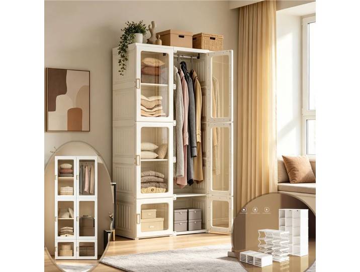 Armoire de chambre à coucher Pliable Armoire de rangement Blanc 6 Portes Magnétiques 10 Cuboïdes 1 Tringles