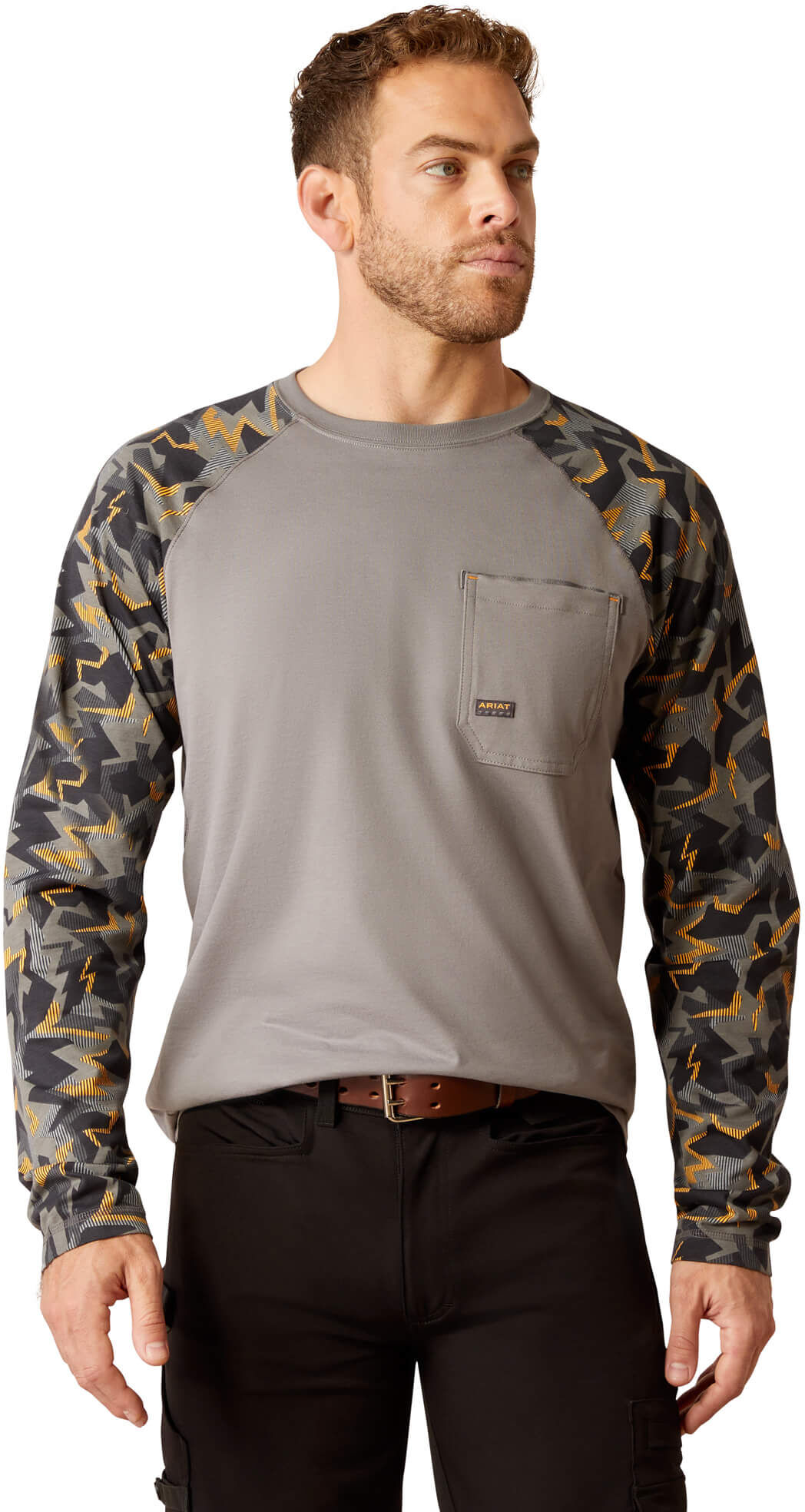 Men's Rebar Workman Baseball T-Shirt in Charcoal Grey Camo Cotton, Size: 3XLT by Ariat