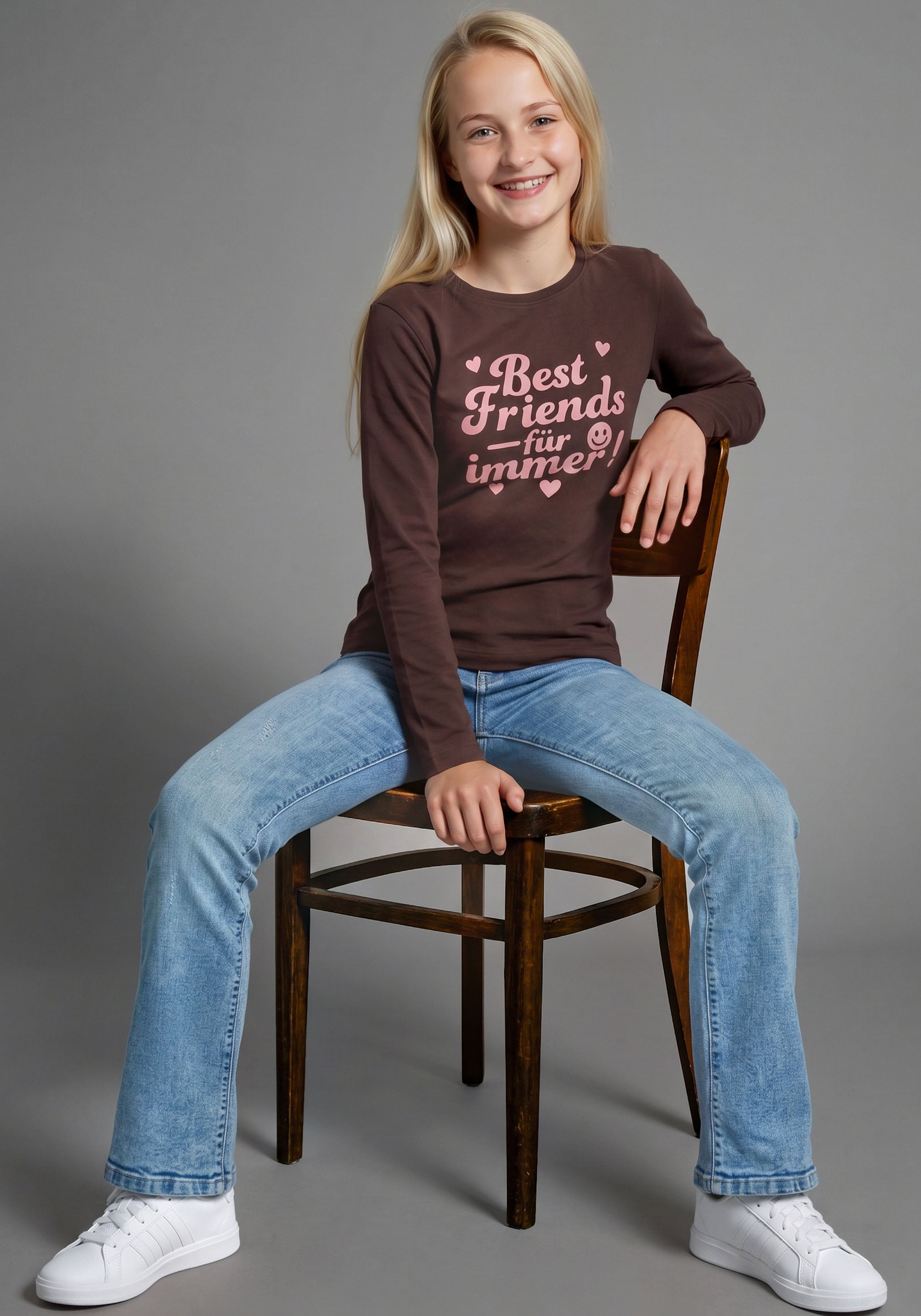 Langarmshirt KIDSWORLD "Slogan Shirt: BEST FRIENDS - für immer", Mädchen, Gr. 128/134, braun, Single Jersey, Obermaterial: 100% Baumwolle, Basic hüftlang, Rundhals, Shirts Langarmshirt, Sprücheshirt für Best Friends, hüftlange Schnittform, Basic-Stil brau