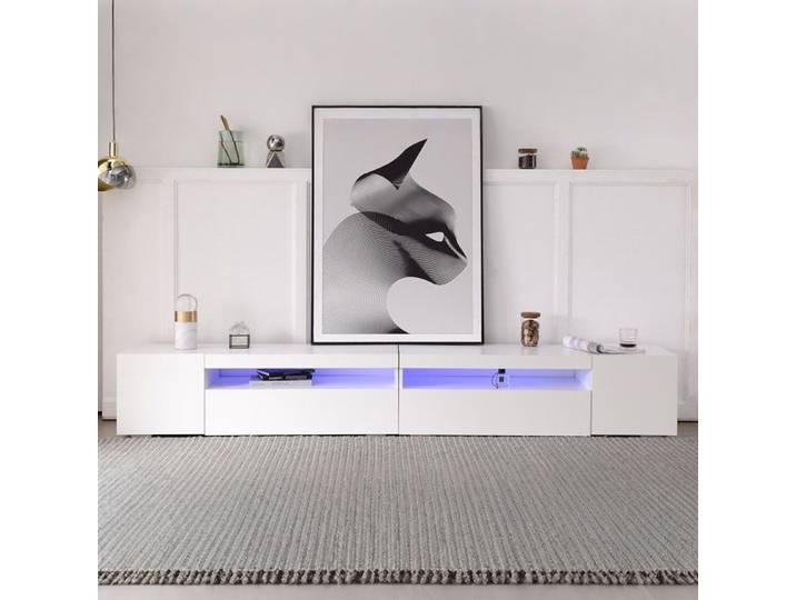 Meuble TV moderne blanc panneau lumineux éclairage LED variable 240 cm (panneau brillant non laqué)