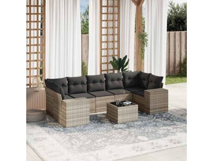 KTHLBRH Gartenmöbel-Set, 8-teilig, hellgrau, Polyrattan Modular mit Aufbewahrungsbox, Glastisch, waschbare Kissen, für Terrasse