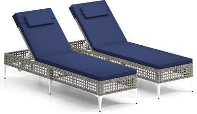 Costway 2 Pieces Patio Chaise Lounge Chair with 6-Level Adjustable Backrest and Headrest for Poolside-Navy