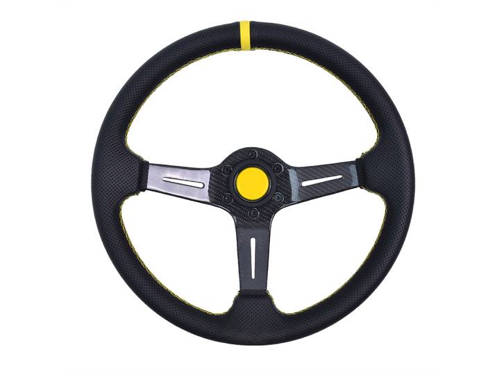 Volant de course en cuir perforé en microfibre de 350 mm, véritable carbone, support profond, volant sport avec connecteur jaune
