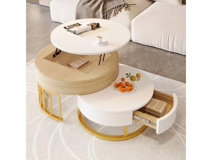 Merax Couchtisch Höhenverstellbar, Moderne Wohnzimmertisch mit 2 Schubladen, für Wohnzimmer Balkon, Weiß und Holzfarbe