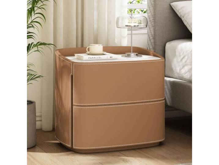 Moderner Nachttisch 2 Schubladen Schlichter Beistelltisch Rahmen aus Massivholz Leder Wohnaccessoires Komplett montiert(Medium brown,40cm/16in)