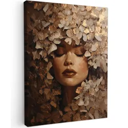 LEINWANDBILD Gesicht - Dame - Blätter - Pinselstriche Wandbild Wohnzimmer 60x80 cm
