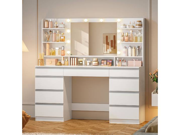 Grande coiffeuse avec éclairage LED réglable, 10 lampes LED, 3 couleurs, luminosité réglable, avec grand miroir, 9 tiroirs