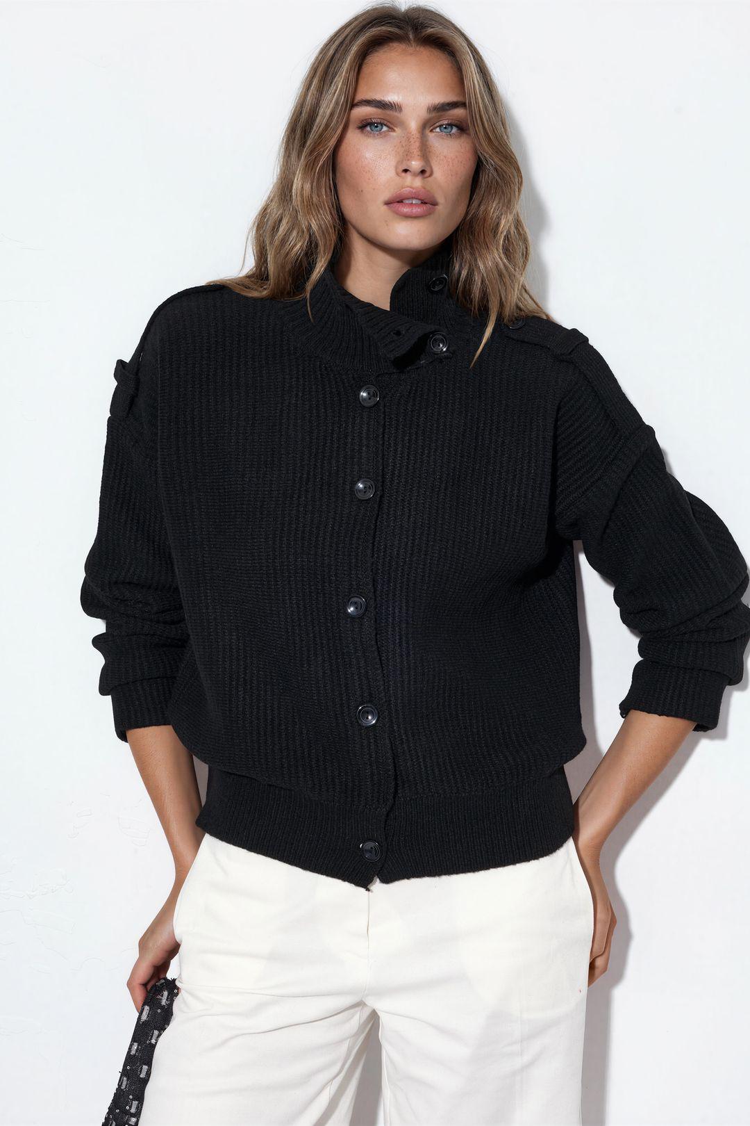 Geripptes Halbhochkragen-Button-Cardigan