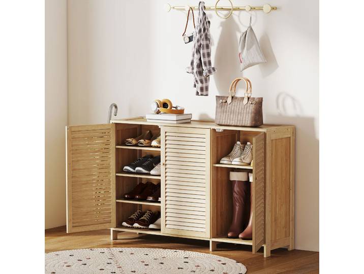 HOMCOM Armoire à Chaussures Bambou 18 Paires Portes Persiennes Bois