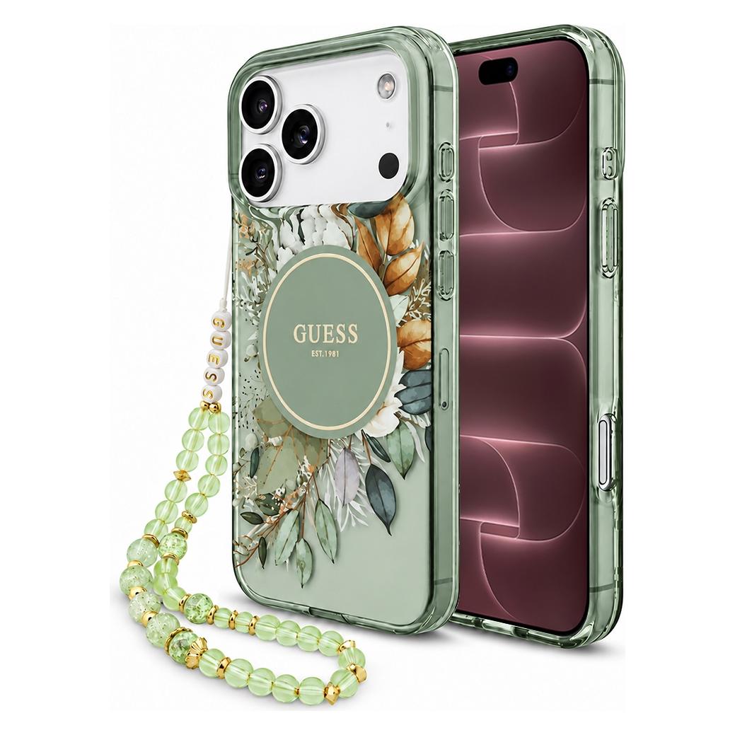 Guess - IML-Blumen mit Perlenarmband und MagSafe (GUHMP18XHFWBRCESN) - iPhone 18 Pro Max - Grün (Apple iPhone 17 Pro Max, Apple iPhone 18 Pro Max) (GUE005870)