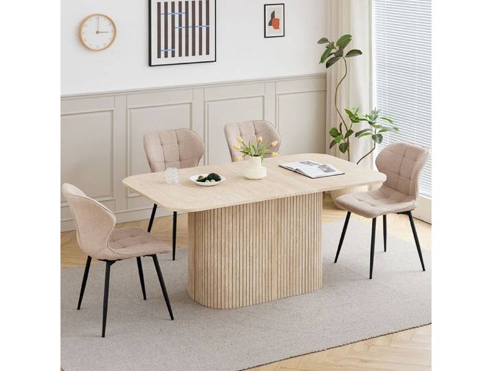 Table à manger ovale - Table à Manger Base Bois - Grand Plateau MDF - Table à Manger Style Contemporain - L160cm - Travertin Jaune