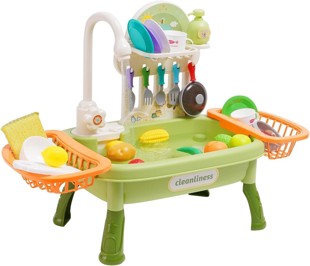 Kinderspeelkeuken met gootsteen, kraan, servies en vaatwasser voor educatief rollenspel