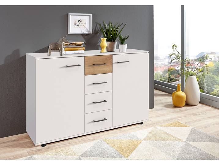 Commode 130cm Blanc/Blanc/Imitation chêne