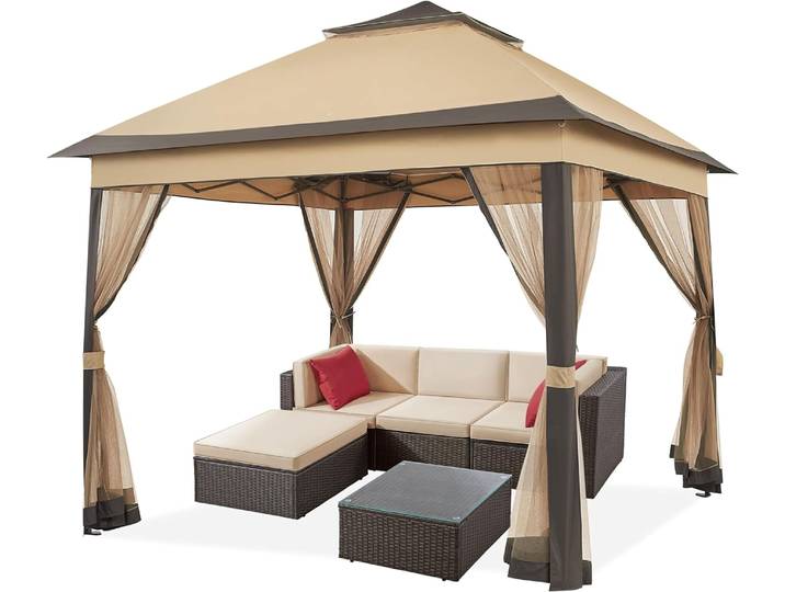Gazebo 3.3x3.3m Gazebo pliant pop-up stable et étanche, tonnelle de jardin réglable avec 4 panneaux latéraux moustiquaire et double toit