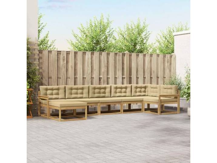 RJPLMFV Sektionalsofa, 7-teilig, Weiß / Beige Massives Akazienholz, Lattenrahmen, modulares Design, komfortabel für Terrasse Garten