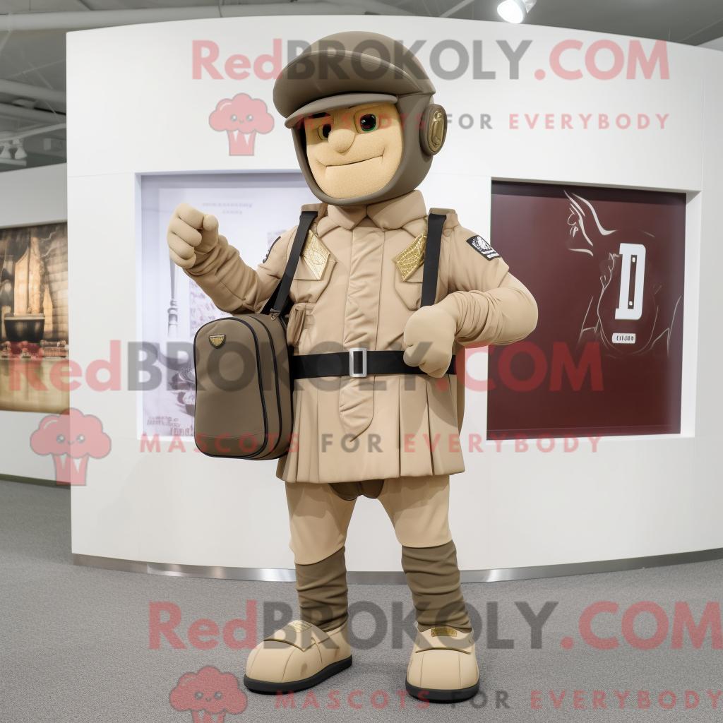 Maskottchen REDBROKOLY eines braunen römischen Soldaten mit Bomberjacke und Aktentasche