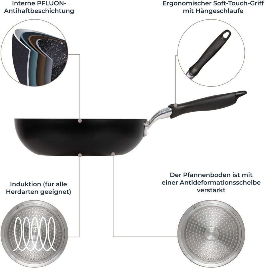 Wok RESTO KITCHENWARE "Antares, Bratpfanne antihaftbeschichtet und spülmaschinenfest", schwarz, H:8cm L:49,5cm Ø:28cm, Pfannen, Wok, Induktion, für alle Herdarten geeignet