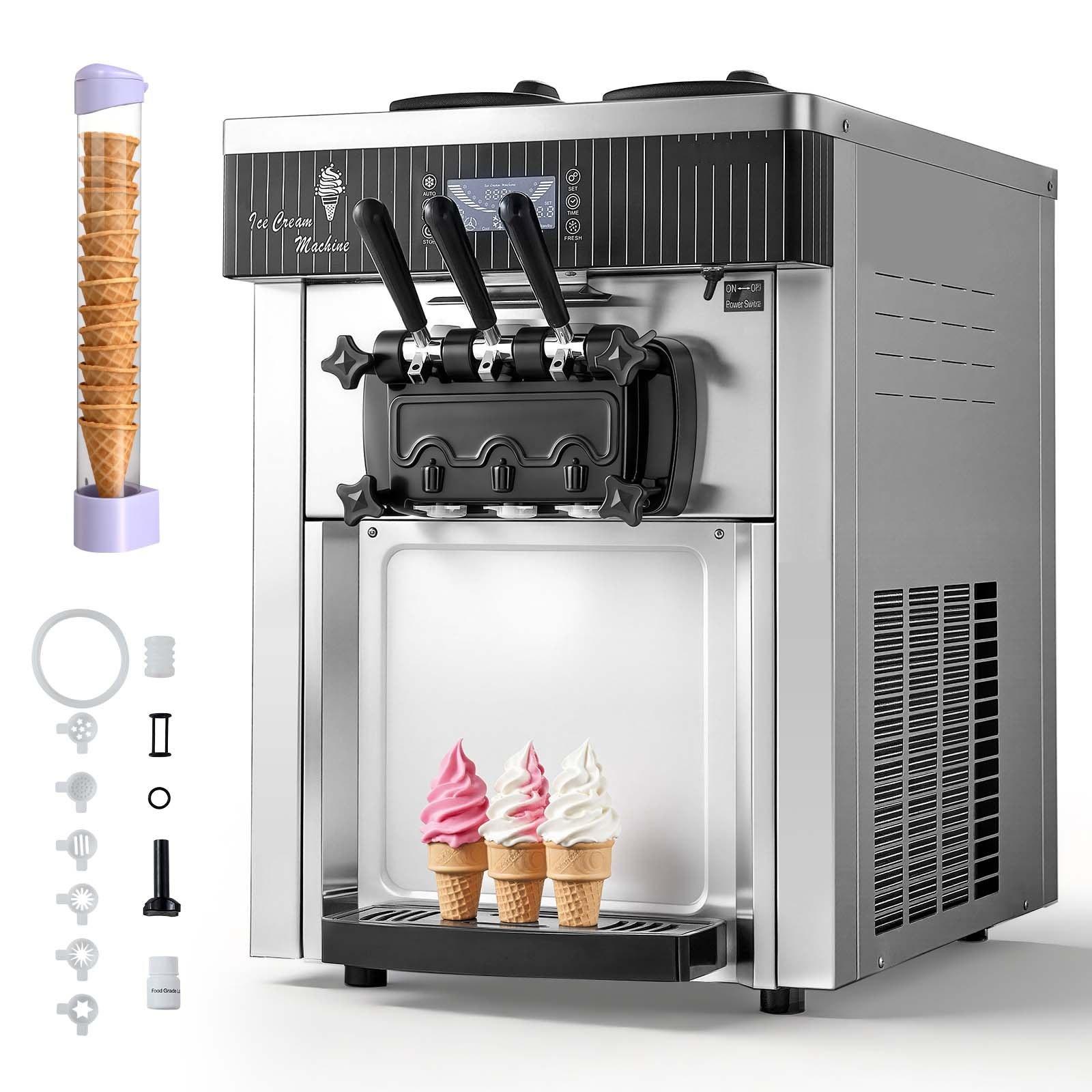 Softeis Eismaschine - Gewerbliches Tischgerät - Produktionsmenge 20-28 L/h - Leistung 2200 W - Doppelbehälter 2×6 L - Vorkühlung - Selbstreinigung - LED-Display - Silber
