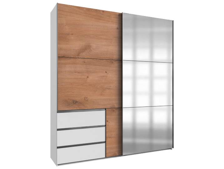Schwebetürenschrank B: 200 cm Level, Weiß/Eiche Dekor