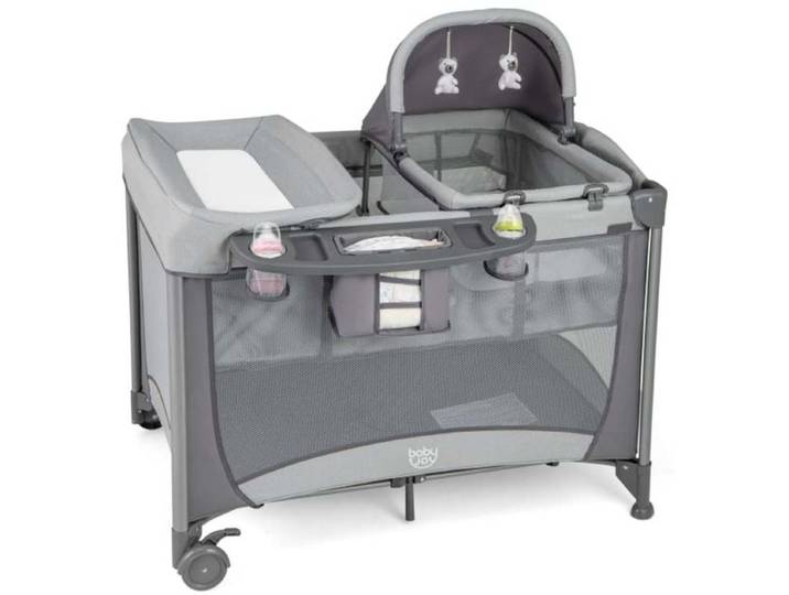 Lit bébé 5 en 1 pliable, lit de voyage, parc pour bébé, table à langer avec berceau, matelas amovible, jouets, entrée latérale, gris