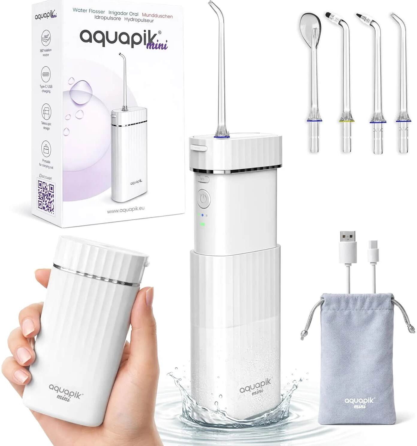 AquaPik Kit Mini Irrigador Bucal Portátil Viajes Carga Usb Blanco 1 ud