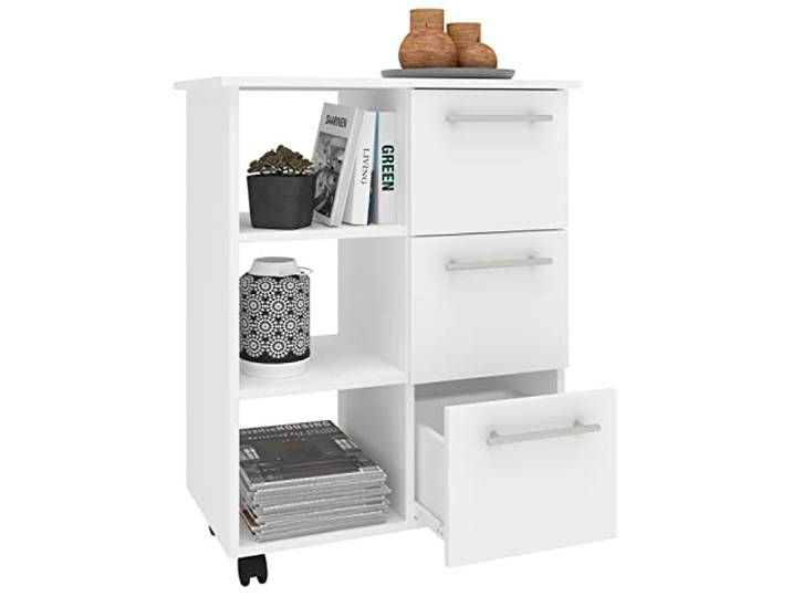VCM Servierwagen Weiß 68x38x85 cm 3 Fächer 3 Schubladen Küchenhelfer Rollbare Ablagefläche für Geschirr, Getränke und Vorräte - Küche oder Wohnbereich - für Paare - Holzwerkstoff