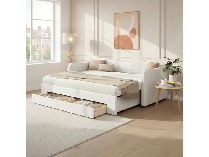 Merax Polsterbett 90x200 cm ausziehbar auf 180x200, Tagesbett mit 2 Schubladen & USB, Schlafsofa/Daybett mit Stauraum, Samt Stoff Beige (Matratze Nicht enthalten)