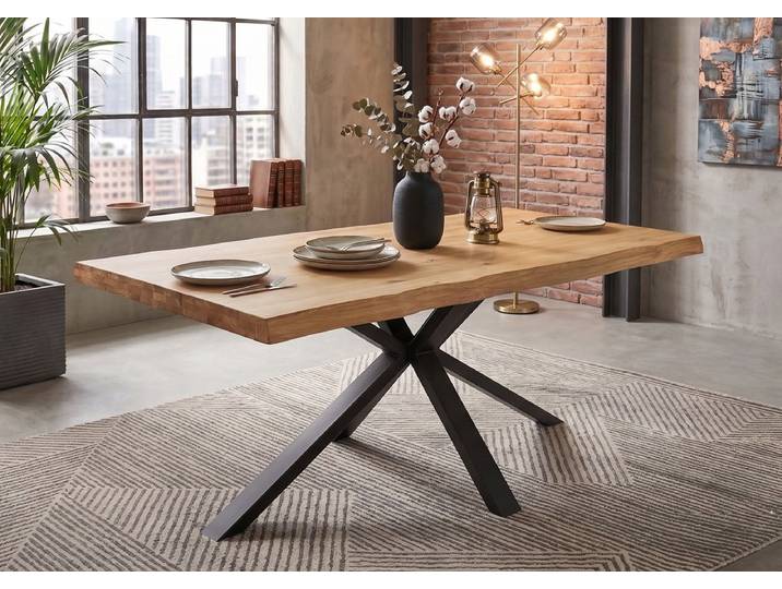 Esstisch 180x90cm Platte 60mm 'Clark II' Wildeiche massiv & Metall schwarz