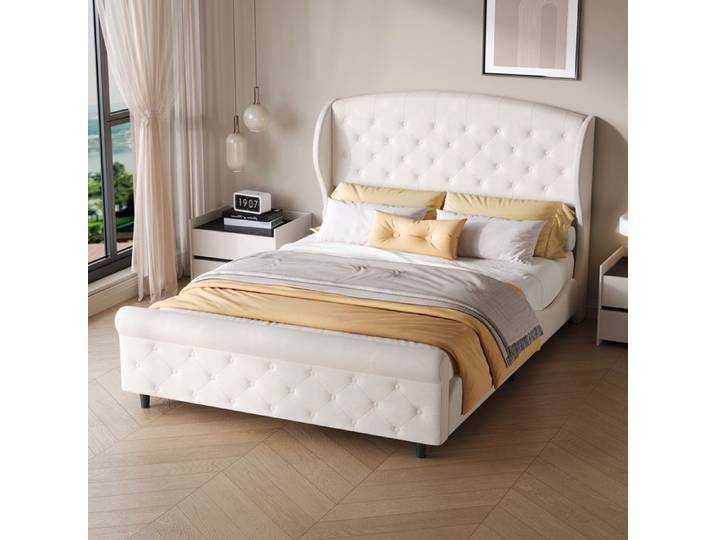Lit double rembourré 140x200 cm-LUMINARIX-Lit capitonné 140x200 cm -velours- blanc - dossier moelleux - Design Moderne