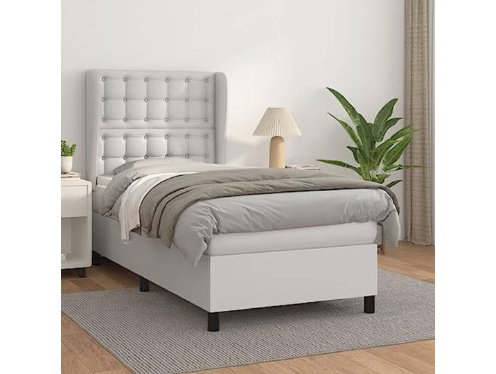 Kunstleder Boxspringbett mit verstellbarem Kopfteil Taschenfederkern Weiß Boxspringbett mit Matratze Weiß 90x200 cm Kunstleder Bett mit Topper verstellbarem Kopfteil Taschenfederkern