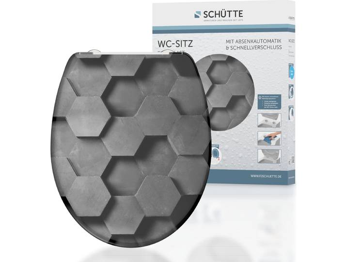 SCHÜTTE WC Sitz GREY HEXAGONS, Duroplast Toilettensitz mit Absenkautomatik und Schnellverschluss Motivdruck