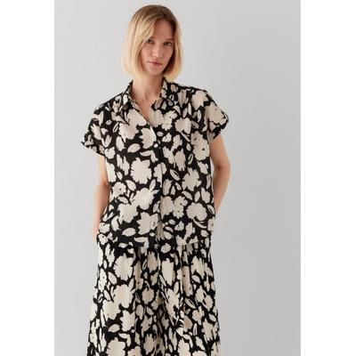 Klassische Bluse MAVI "SHORT SLEEVE WOVEN SHIRT", Damen, Gr. S, schwarz-weiß (stroke print), 83% Baumwolle, 17% Leinen, Jacquardmuster, normal normal, eng 1-Knopf-Manschette, Blusen Bluse, Bluse kurzarm