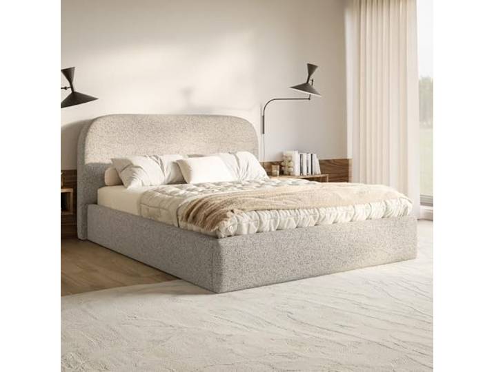 MOTIVENA Mono Bett 160x200 Beige Strukturstoff, mit Stauraum, mit Kopfteil, mit Lattenrost, ohne Füße, ohne Matratze, Polsterbett 160x200 mit Bettkasten Beige (Mix)