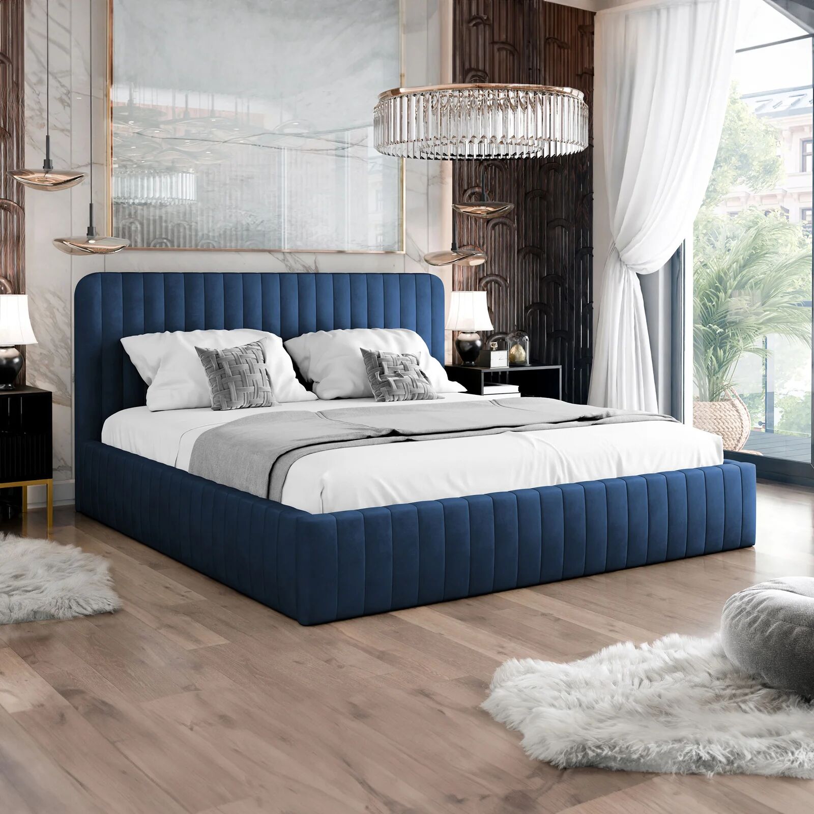 garneroarredamenti Letto contenitore matrimoniale 160x200 imbottito velluto blu Poffi
