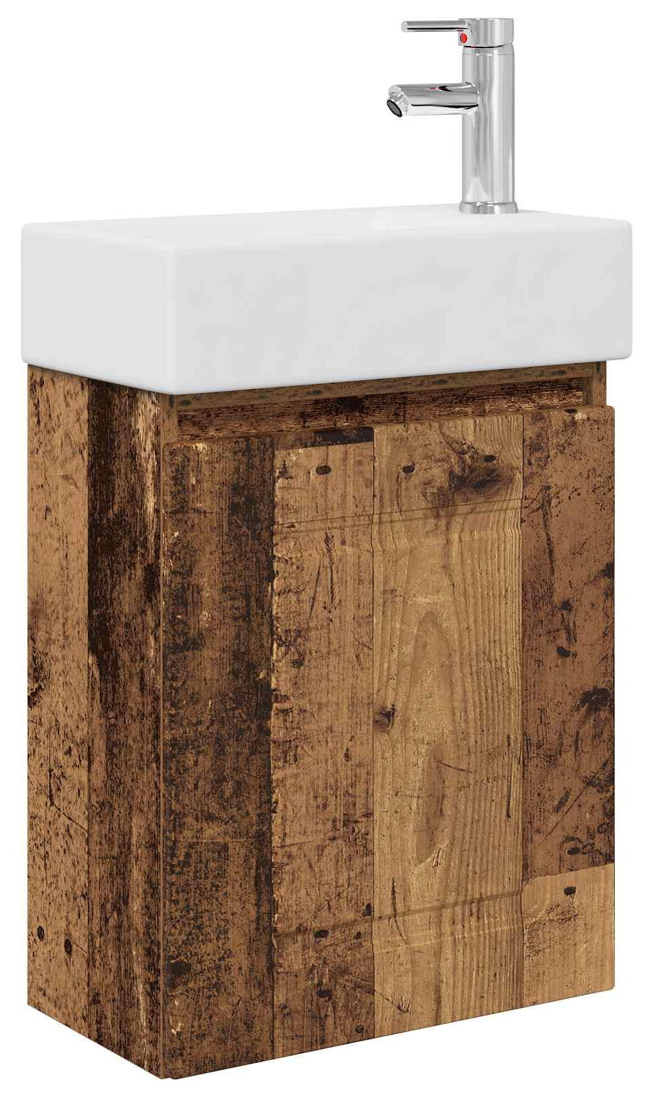 vidaXL Badkamerkast onder wastafel met kraan, vintage houtlook en keramische wasbak, wandmontage