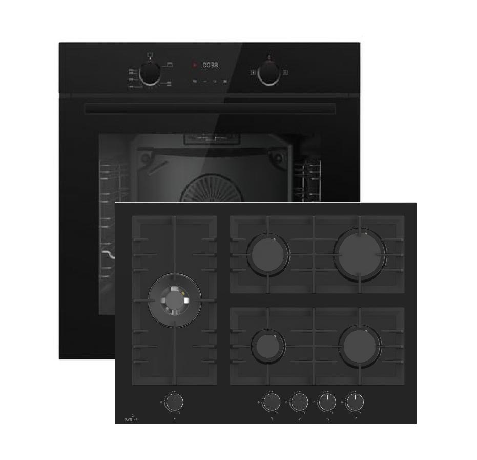 Gasline GB850-FIB Einbau Gasherdset Autark mit Einbaubackofen Gasherd Umluft 69 Liter und +Gasline Gaskochfeld GAG70GLG 70cm Schwarz Glaskeramik mit 5