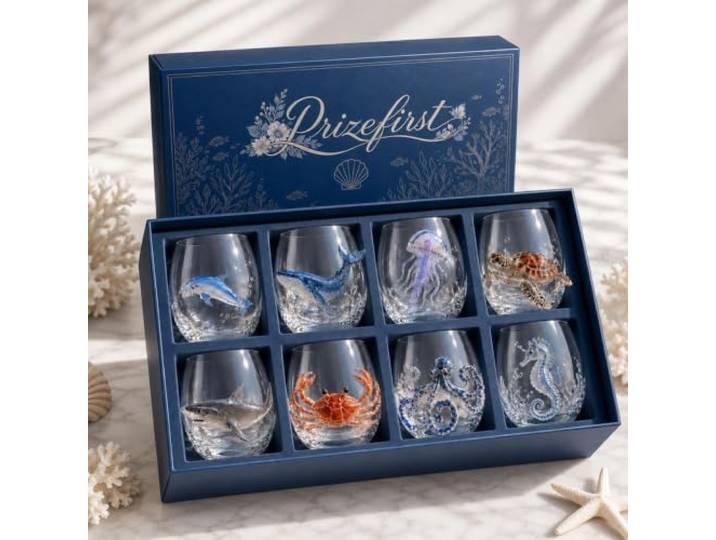 Pealeaf 350ml Octopus Glas, Stielloses Weinglas mit Meerestier Motiv, 3D Oktopus Design Trinkglas für Wein Cocktail und Bar, Kreatives Geschenk für Meeresliebhaber (Satz)